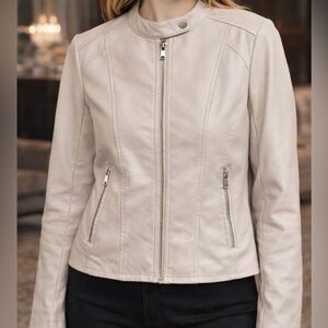 Baccini cream faux leather moto jacket.